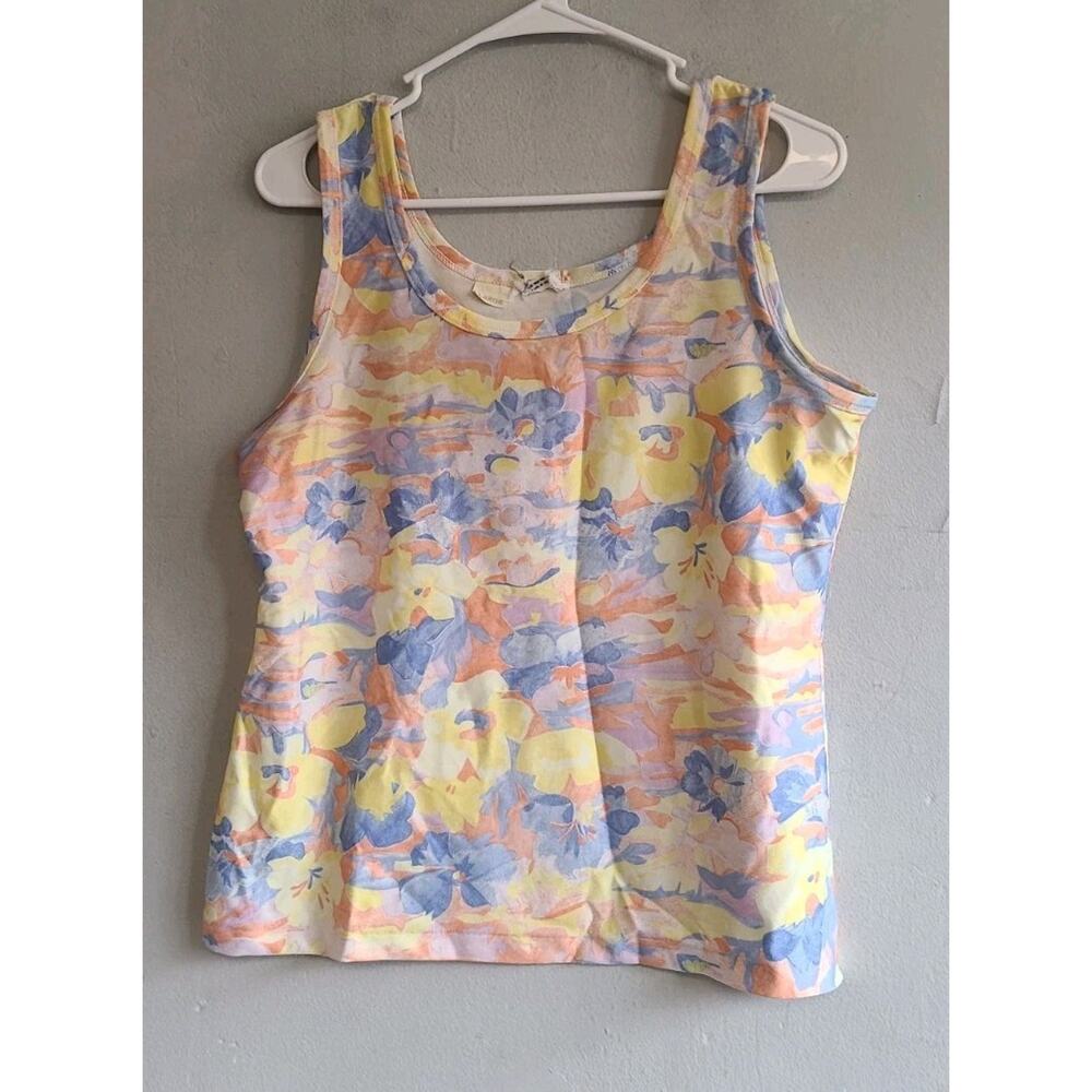 Vintage 1970s women's large pink/blue/yellow floral tank top shirt
